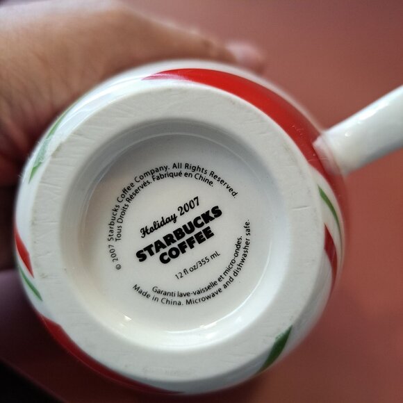 Starbucks Christmas Holiday Mug 2007 Candy Cane Red Green & White Stripes 12 oz. - Picture 6 of 10